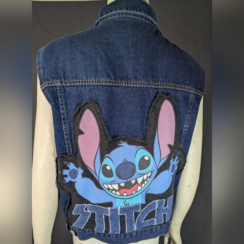 Denim Vest Womens L Disney Stitch Handmade Upcycled Button Front Pockets